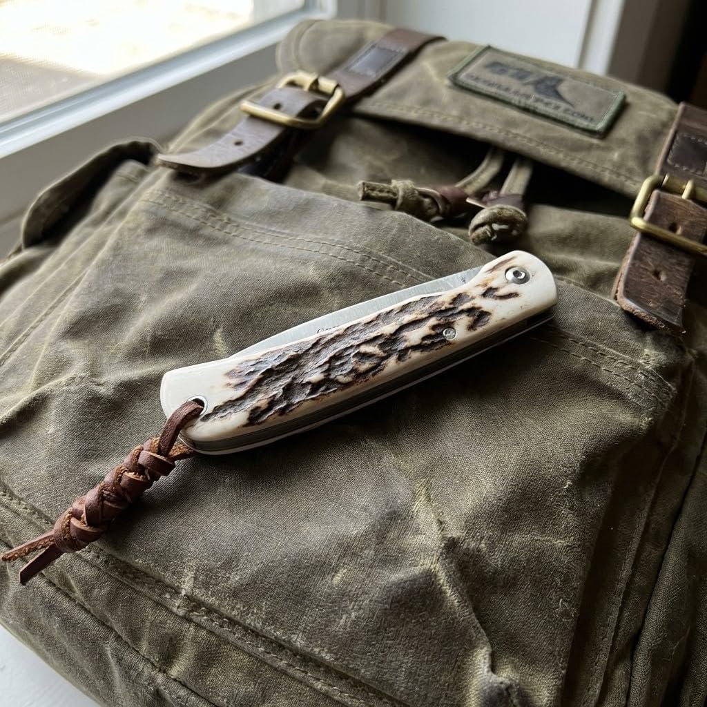 J&V Taschenmesser CAMPERA XS mit schwarzem Stoffetui - Wander-Klappmesser mit 7 cm 14C28N Stahl-Klinge und Hirschhorngriff - DAS Wander Messer - Perfekt für Sportaktivitäten - Camping - Angeln