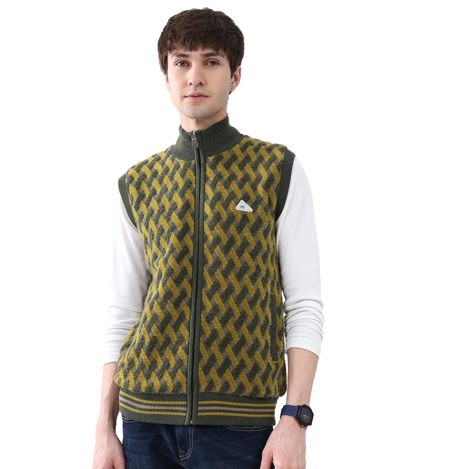 Men’s Regular Fit Sleeveless Jacket | Mock Neck | Self Design | Zip Closure | Stylish Winter Outerwear | Cozy Layering Vest for Casual & Outdoor Wear
