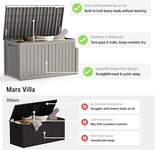 Vista 37 de Mars Villa Deck Box, Waterproof Weatherproof and UV Resistant Resin Storage Bin with Lockable Lid, Ideal for, Outdoor, Patio Furniture Cushions
