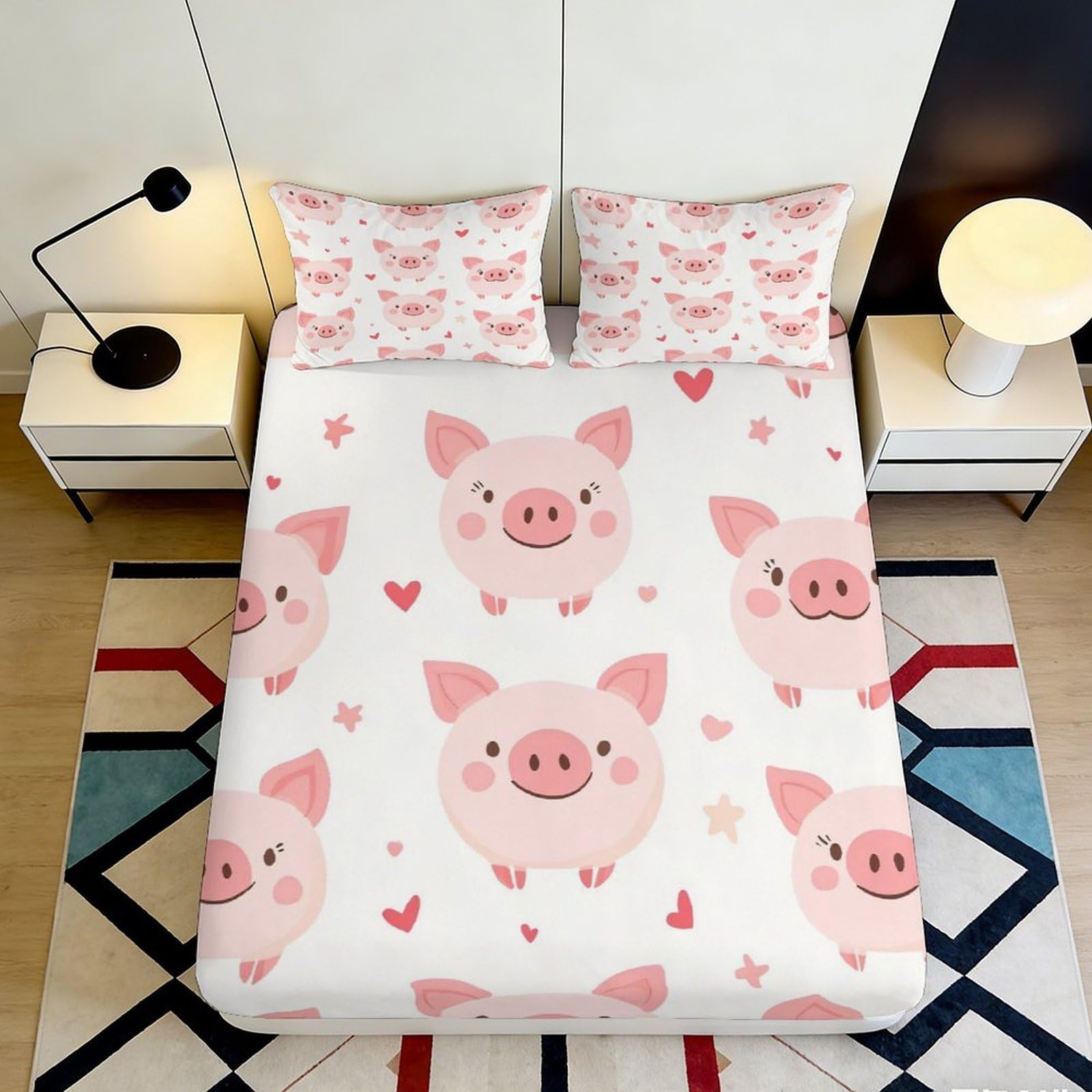 Pnayamiorkfel Style-5 3D Printed Cute Piggy Fitted Sheet Microfiber Soft Breathable Cartoon Hearts Mattress Cover For Bedroom Dorm Decor 90X200x25cm
