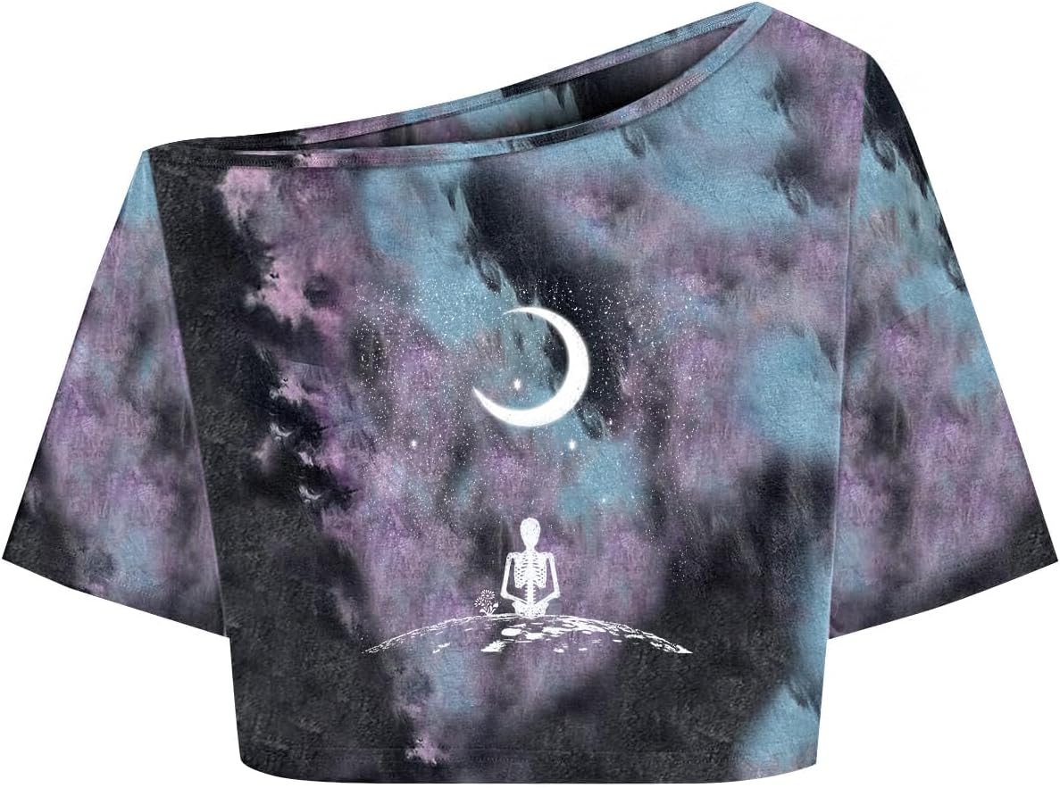 Remidoo Women's Off The Shoulder Graphic Crop Top Tee Half Sleeve Loose Fit T Shirt