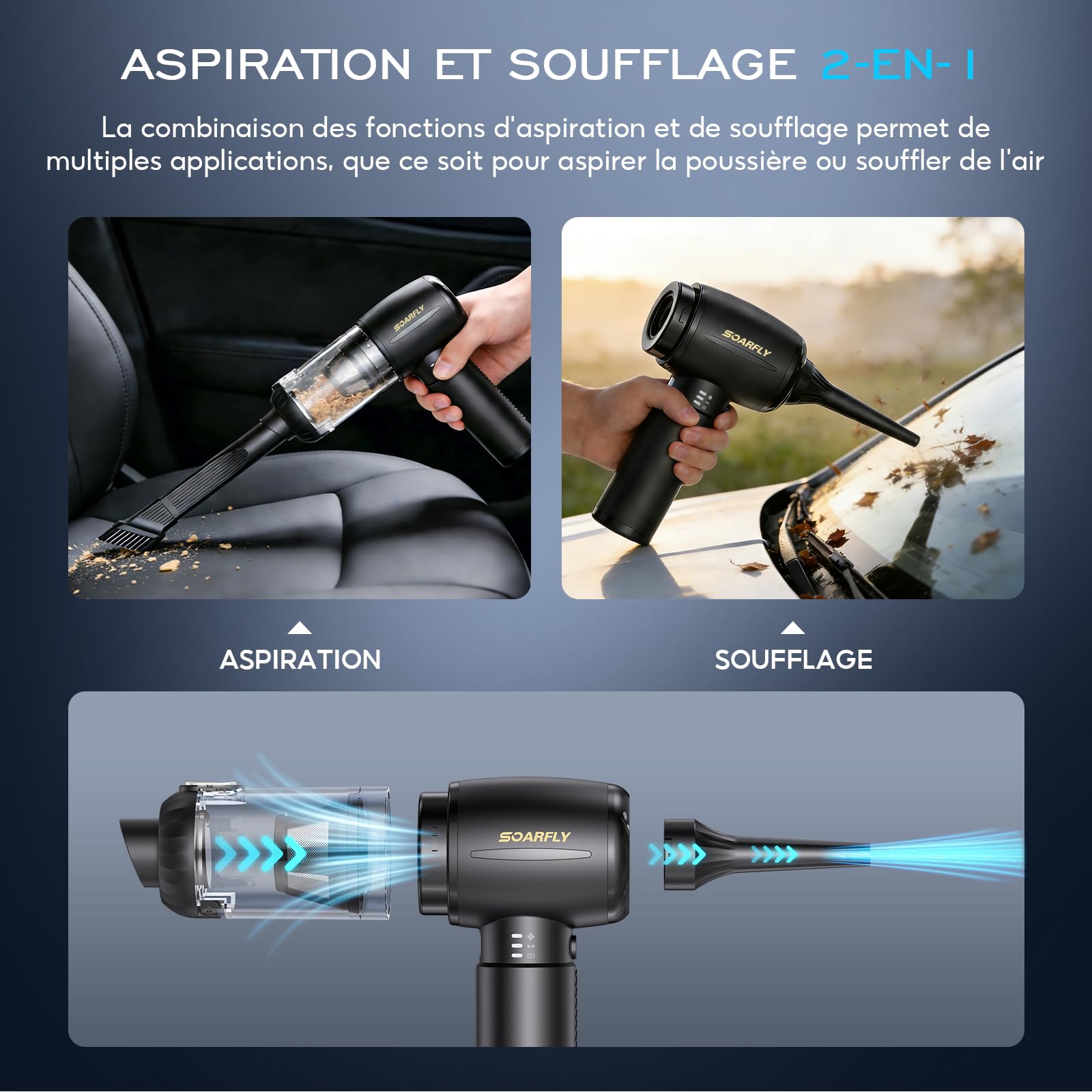 Aspirateur Voiture Puissant Sans Fil, Aspirateur de Voiture à 2 Vitesses Avec Moteur sans Brosse, Mini Aspirateur de Voiture, Cuisine, PC, Canapé, Bureau, Maison et Nettoyage des Poils d'animaux