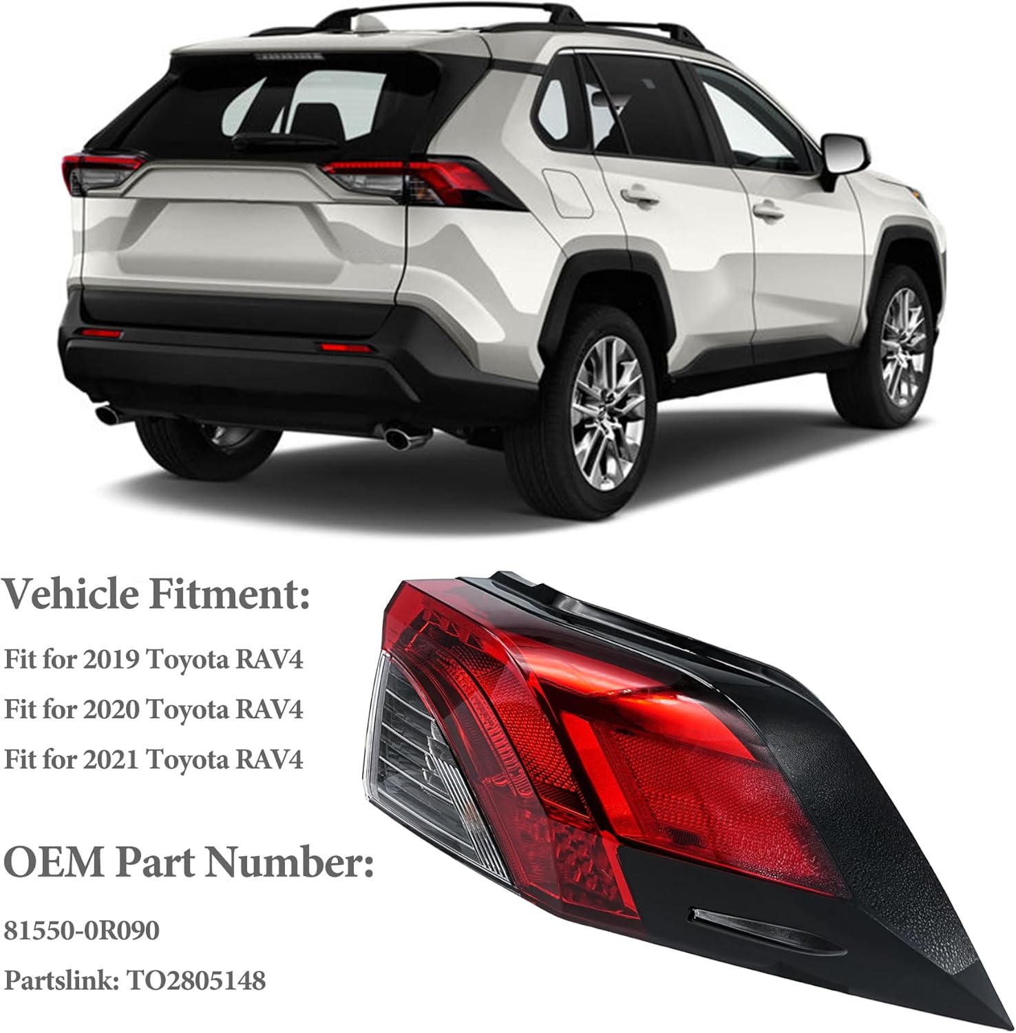 Right LED Outer Tail Light Assembly Compatible With Toyota RAV4 2019-2024 Rear Brake Stop Lamp Replacement Fit For TO2805148 81550-0R090 Passenger Side
