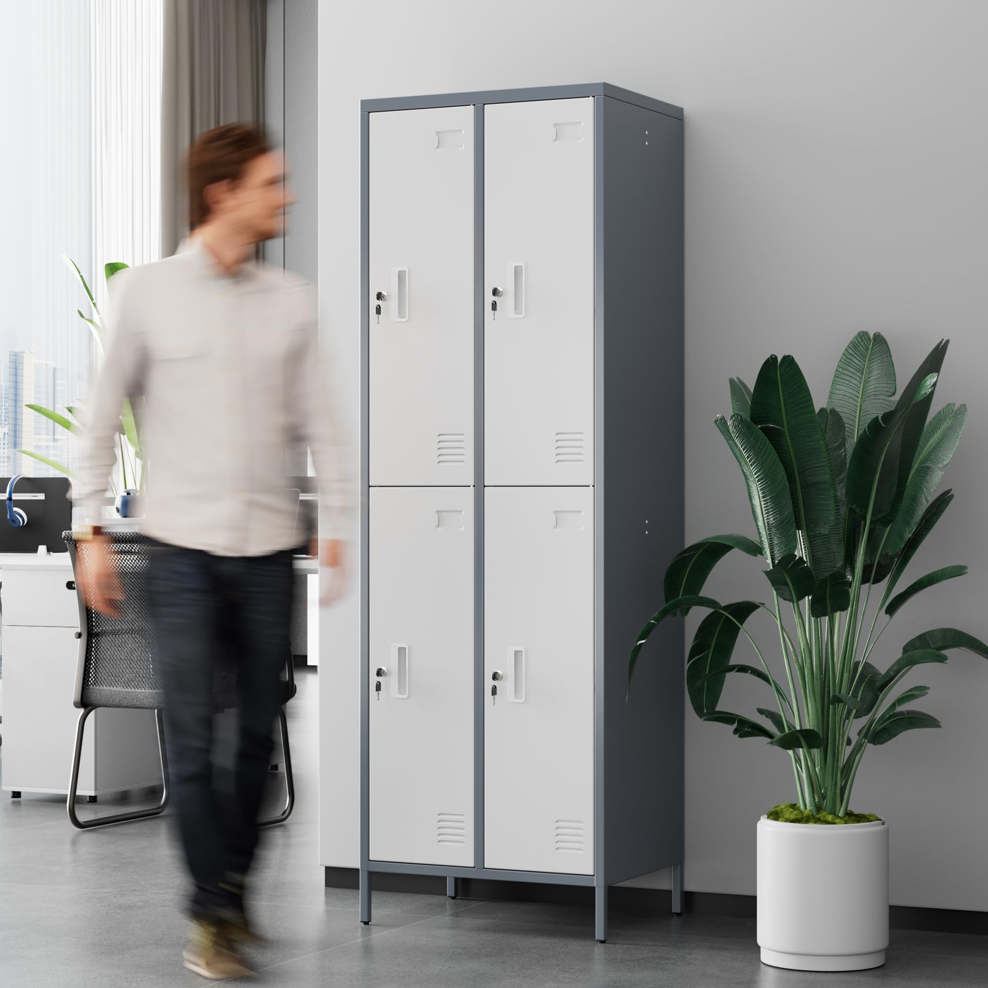 Aobabo 185H x 60B x 45T cm Stahl Schließfach, 4 Tür Schrank für Mitarbeiter, Dunkelgrauweiß