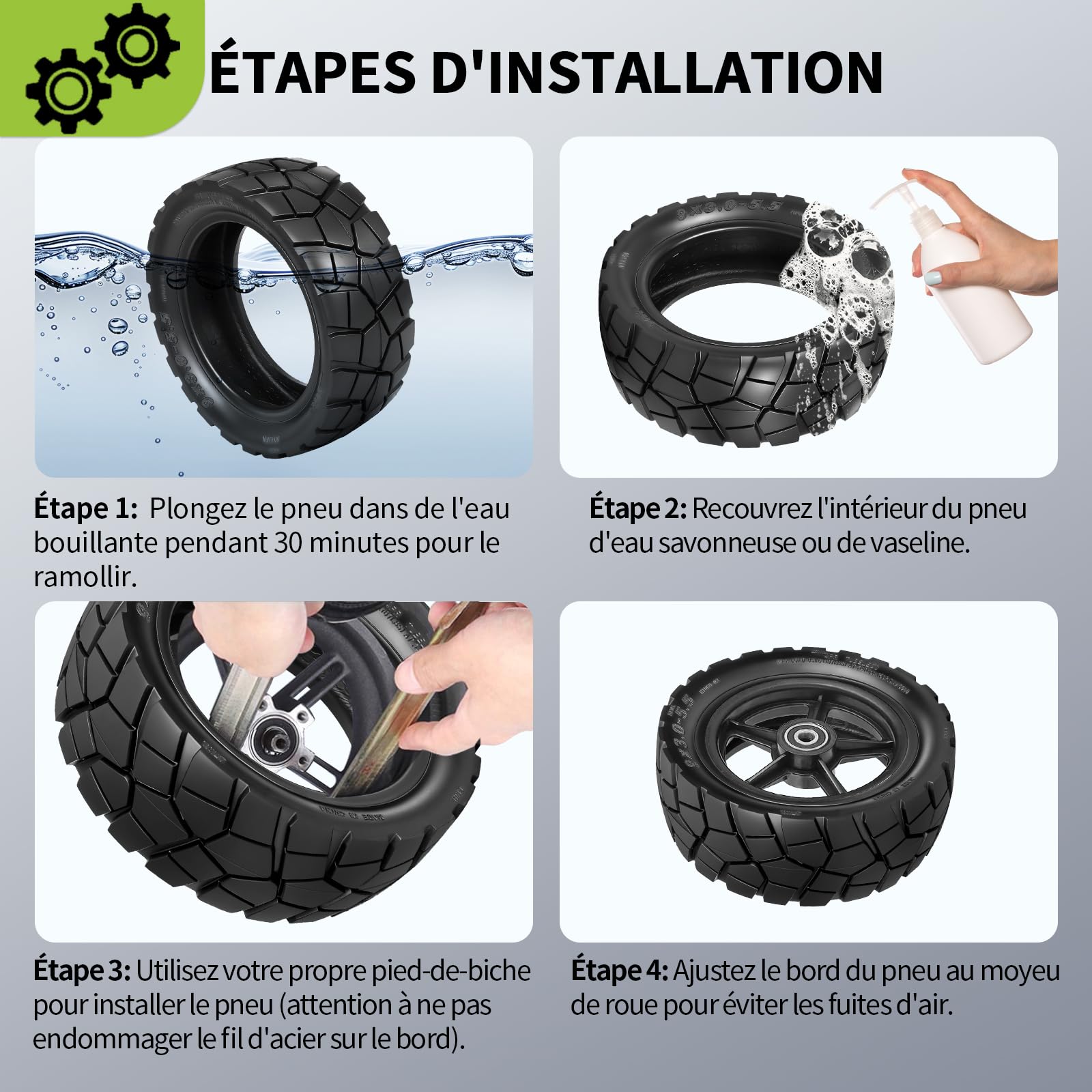 Pneu 9x3.0-5.5 sans Chambre à air pour Kukirin G2 Pro (Nouvelle Version) Trottinette électrique 9 Pouces Pneu de Rechange Avant/Arrière (Noir-2 Pièce)
