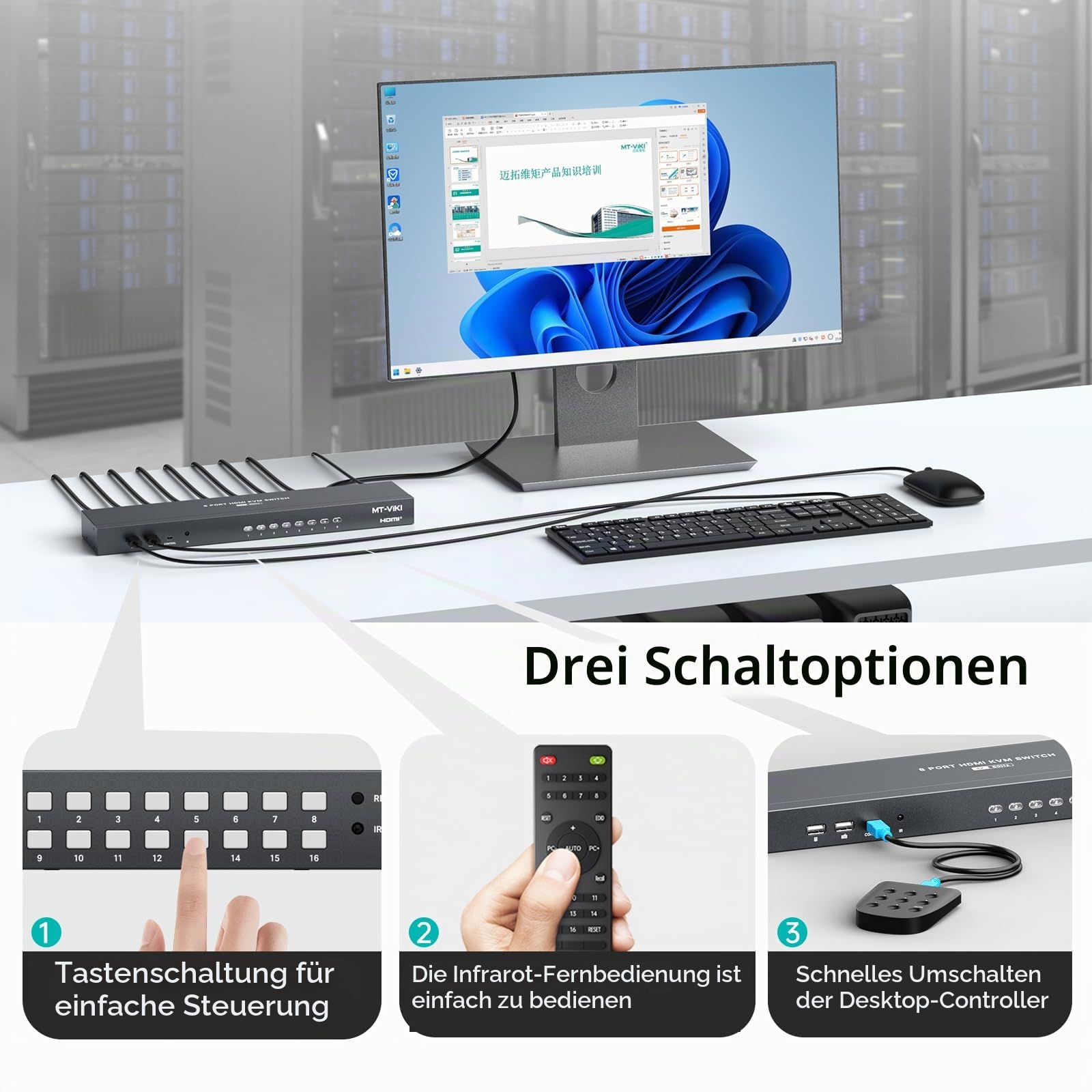 MT-VIKI 4K@60Hz HDMI KVM Switch 8 Port mit 8 Kabeln & 3,5mm Audio 19'' 1U Rackmount-KVM-Switch mit 4 USB 2.0, HDMI 2.0, HDCP 2.2