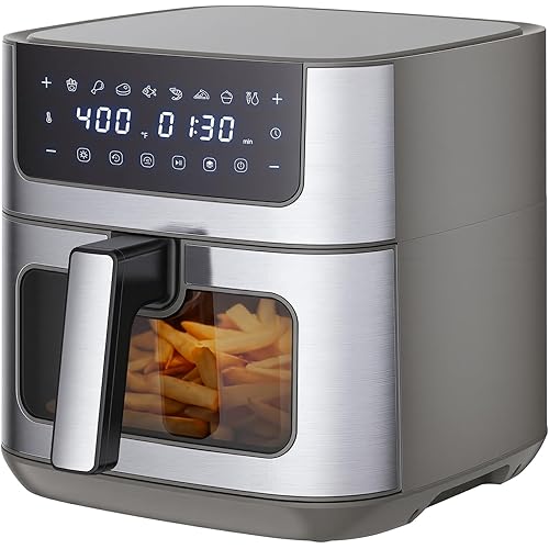 Sweetcrispy 6.34QT Air Fryer, 8-in-1 Air Fryers Oven with Visible Window, 400℉ Fast Heating, Nonstick Dishwasher-Safe Basket, Timer & Auto-Off, Stainless Steel, Grey