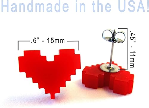 Miniatura 4 de Aretes gruesos de corazón de píxeles rojos grandes con postes de titanio hipoalergénicos sin níquel, retro videojuego Life Bar Gamer Studs San