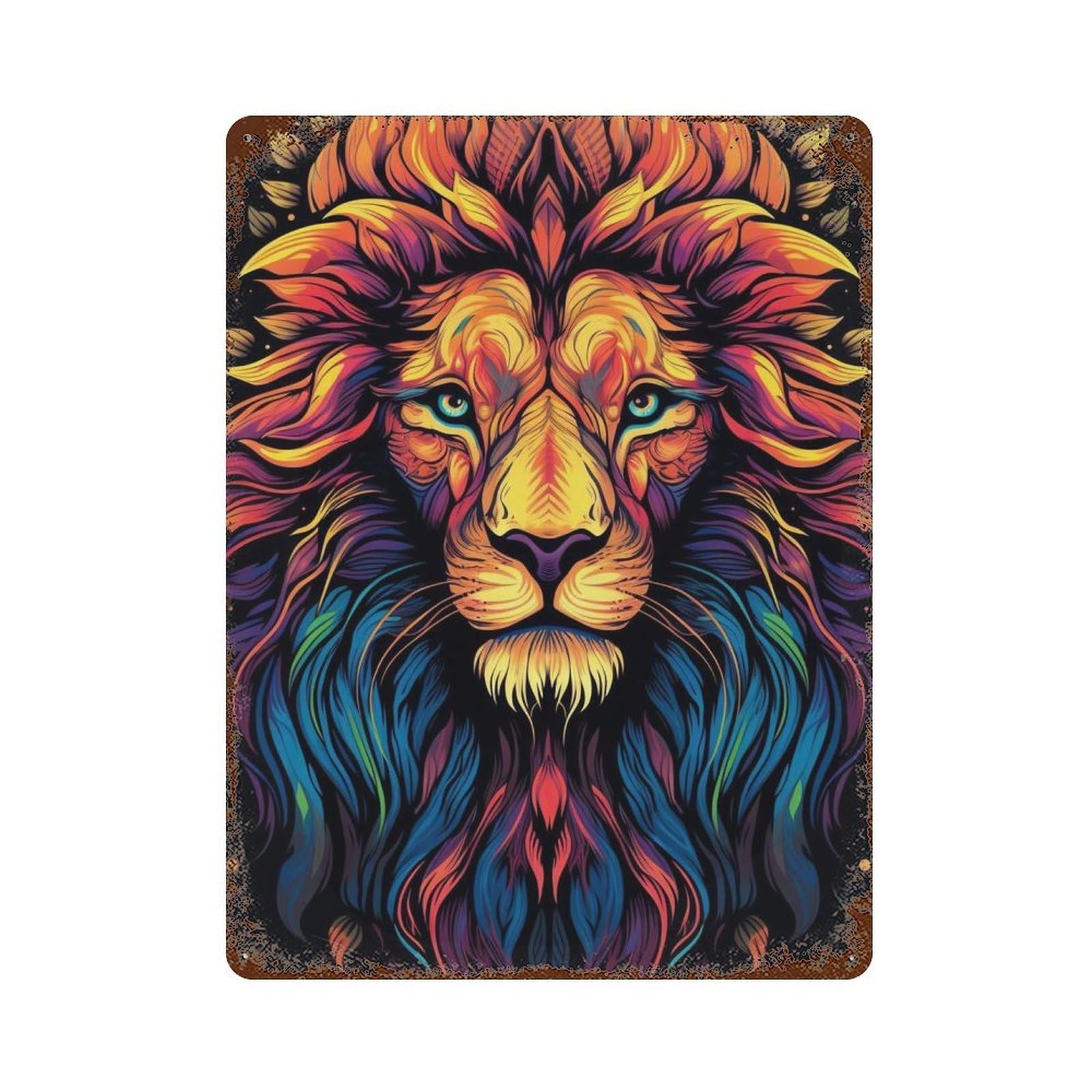 Weathered Tin Sign with Colorful Lion Illustration Art Print Design 15.7"x11.8", for Office, Studio And Wall Decor, Retro Wall Decor