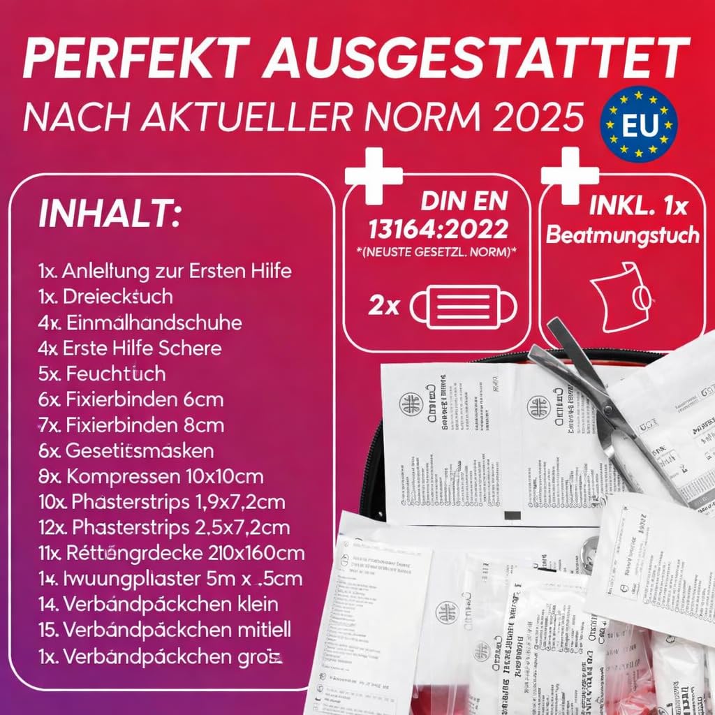 Trousse de premiers secours pour voiture conforme à la norme actuelle 2025 avec lingettes respiratoires – Boîte de premiers secours utilisable dans toute l'Europe – Kit de premiers secours nouvelle