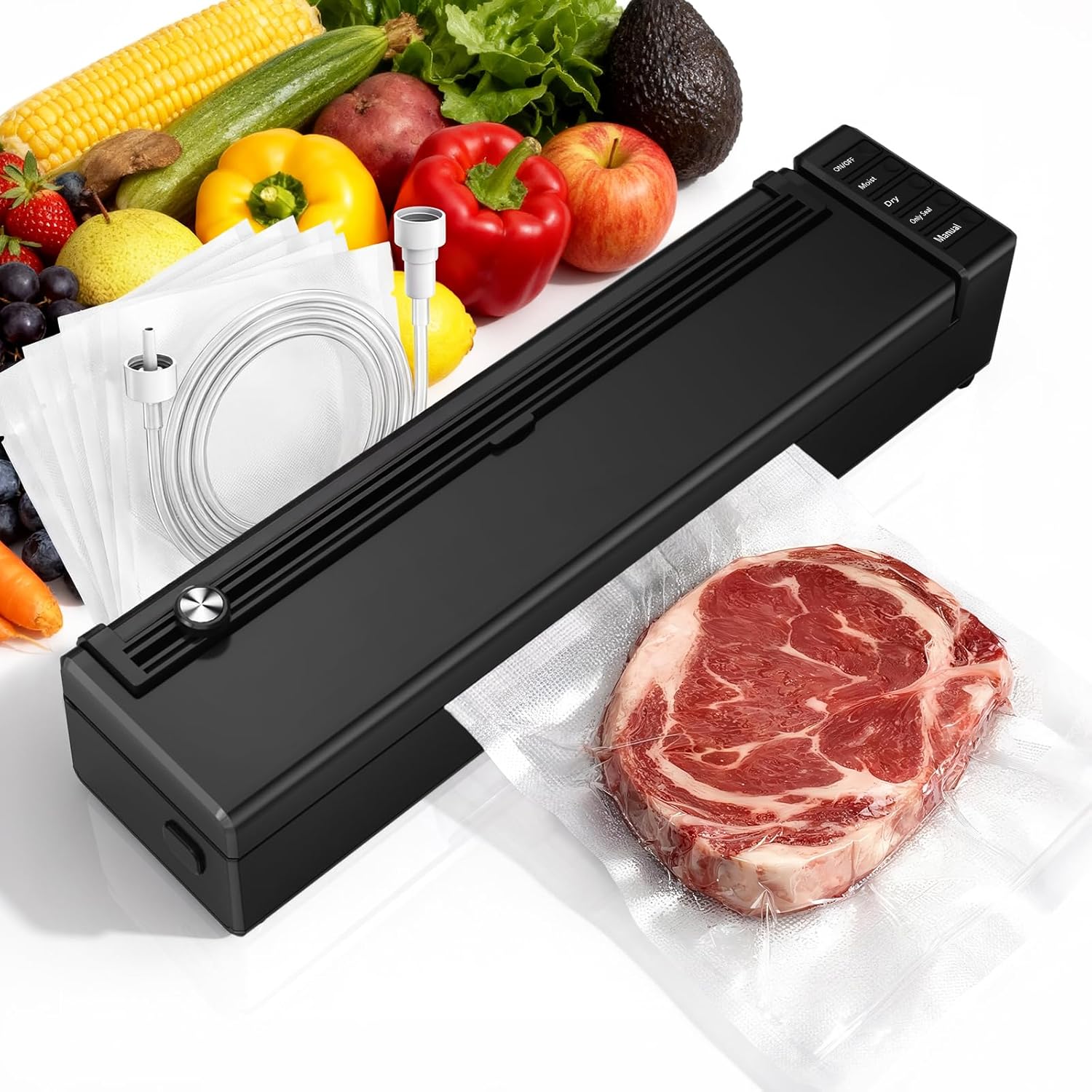Vacuum Sealer for Food, olayks Food Vacuum Sealer Machine, 60kpa Suction Power Food Sealer Compact Vacuum Sealers with Dry/Moist Modes, 10 Vacuum Bags, Built-in Cutte for Kitchen & Home Use