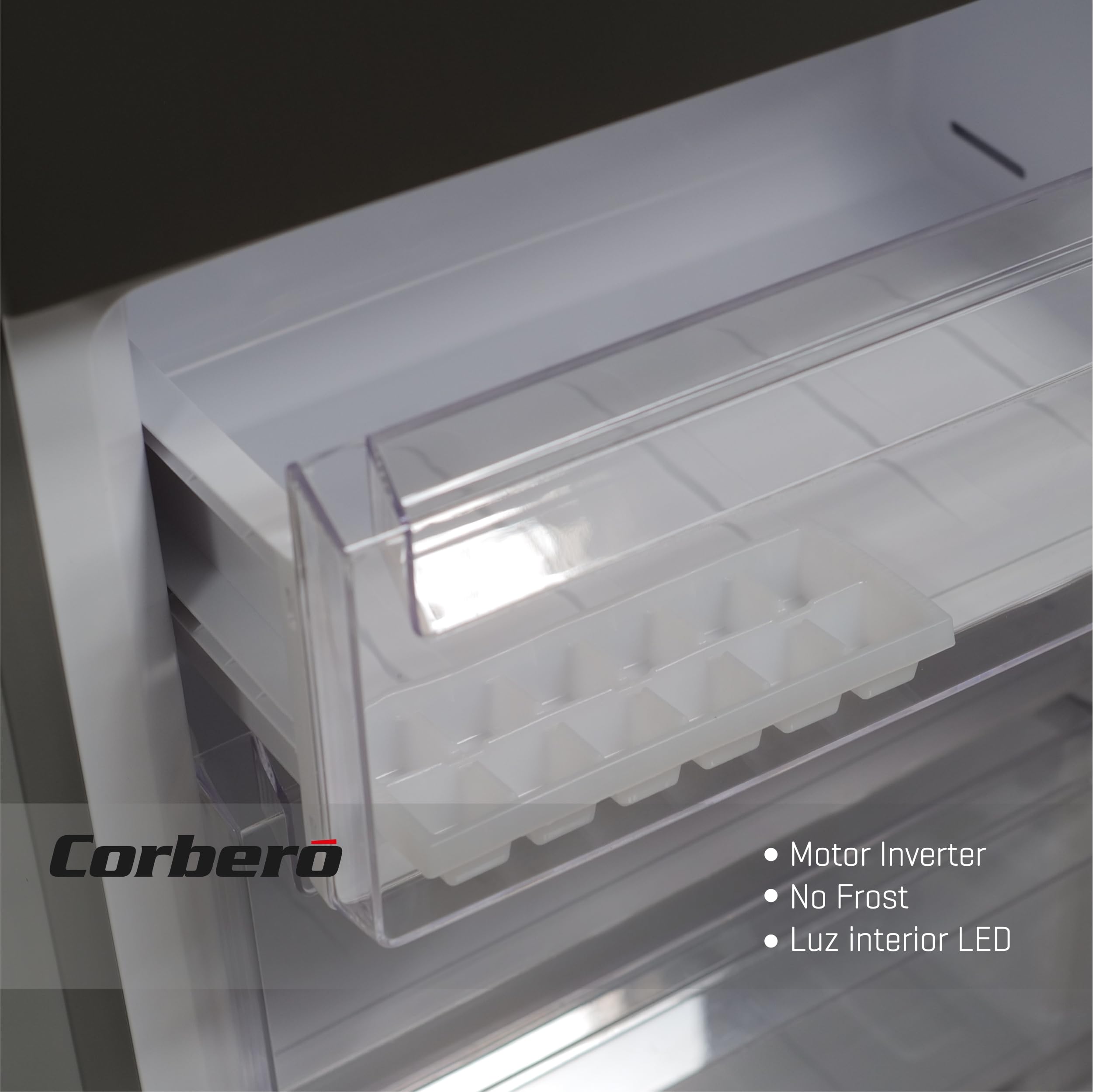 Corbero - Frigorífico Combi No Frost | CCH18574NFX | 327L | 59x91x177 | Luz LED | Crisper y Balcones Ajustables | Estantes de Cristal | 39 Db | Inox