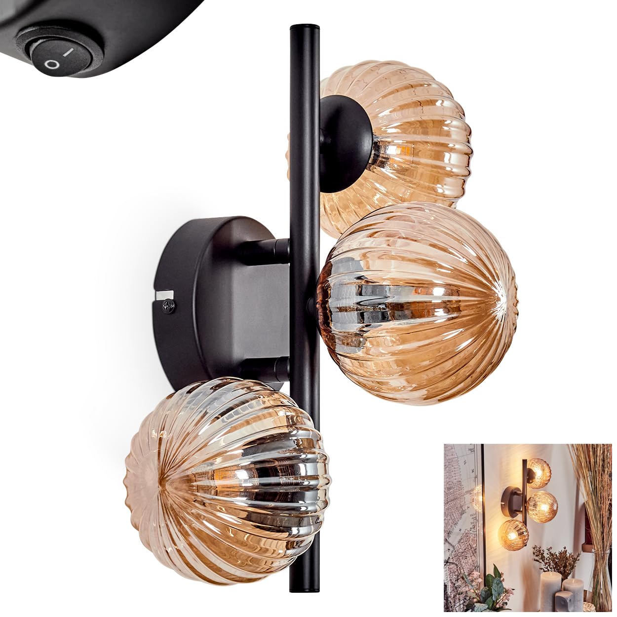 Wandleuchte Chehalis, Wandlampe aus Metall/Riffelglas in Schwarz/Bernstein, Leuchte im Retro/Vintage-Design m. Schirmen aus Glas (Ø 10 cm) u. An/-Auschalter am Gehäuse, 3 x G9, ohne Leuchtmittel