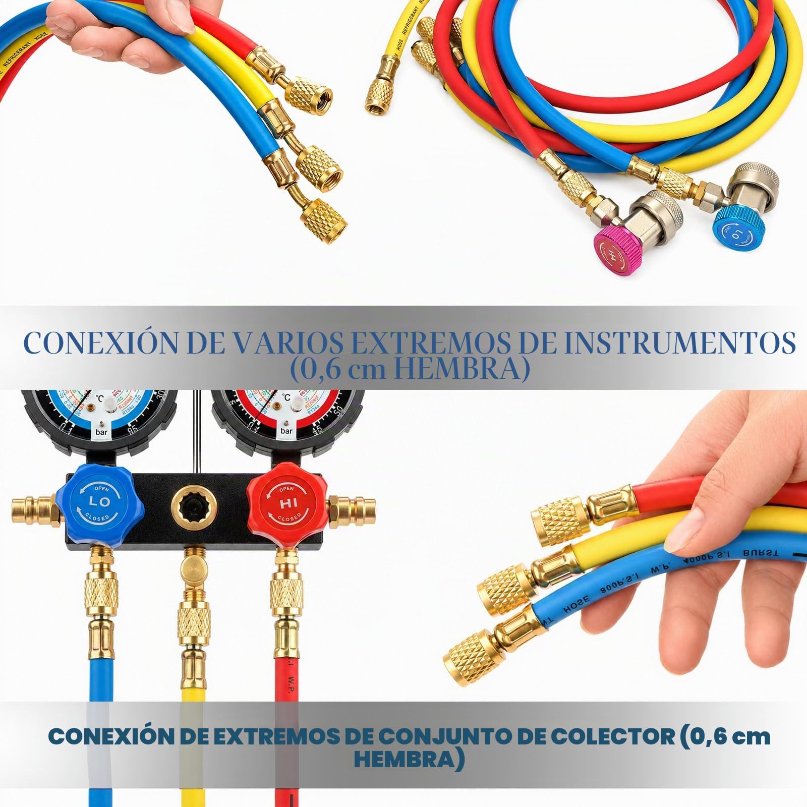 BACOENG Juego de Manómetros aire Acondicionado de 3 Vías con Mangueras de 150 cm, Manómetro Profesional HVAC Compatible con R1234YF R32 R134A y R410A, para Reparación de AC en Automóviles y Hogar