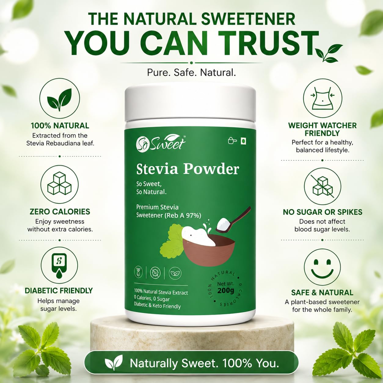 So Sweet Stevia Powder Sugar Free Natural Zero Calorie Sweetener 1000gm (Pack of 5) (200g Each)