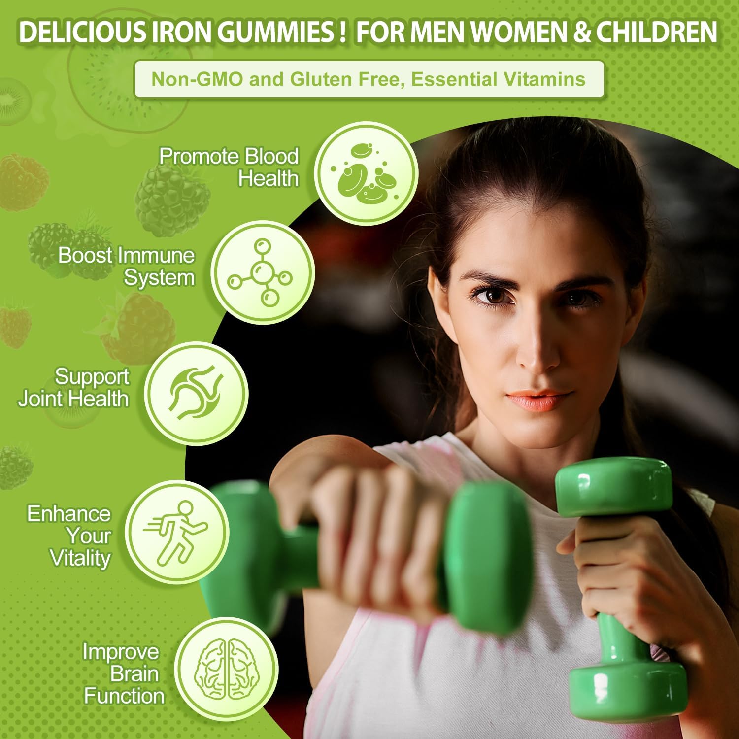 Iron Gummies for Women Men Vitamin Supplement 65mg & Vitamin C 250mg Per Serving with B6 B12 Folate- Energy Support for Iron Deficiency, Anemia, Vegan Raspberry Kiwi & Blackberry Flavor, 120 Gummies