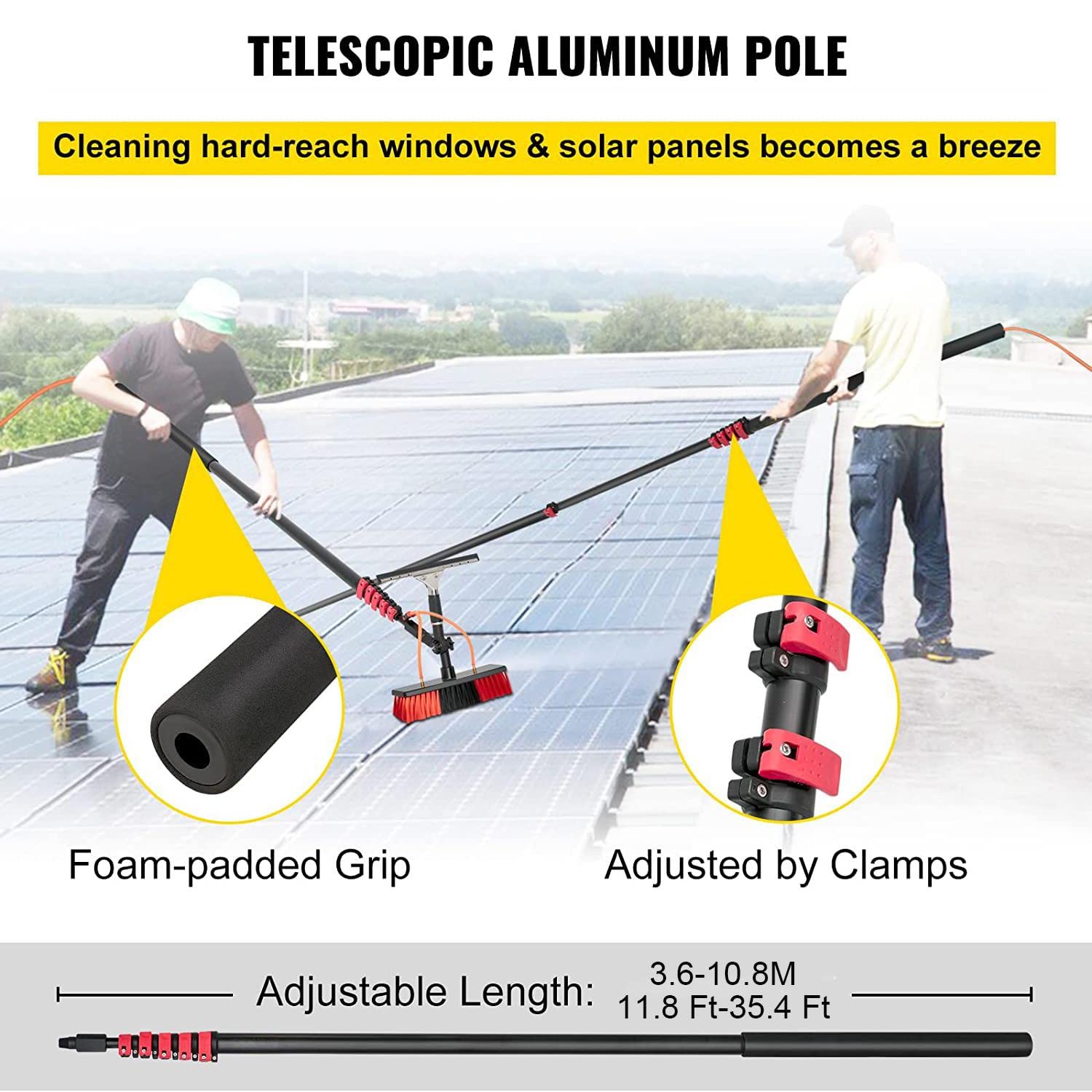 Cepillo de Limpieza para Paneles solares con Mango telescópico de Aluminio de 3,6 m (11,8 pies) para Limpieza de Ventanas y Paneles solares.