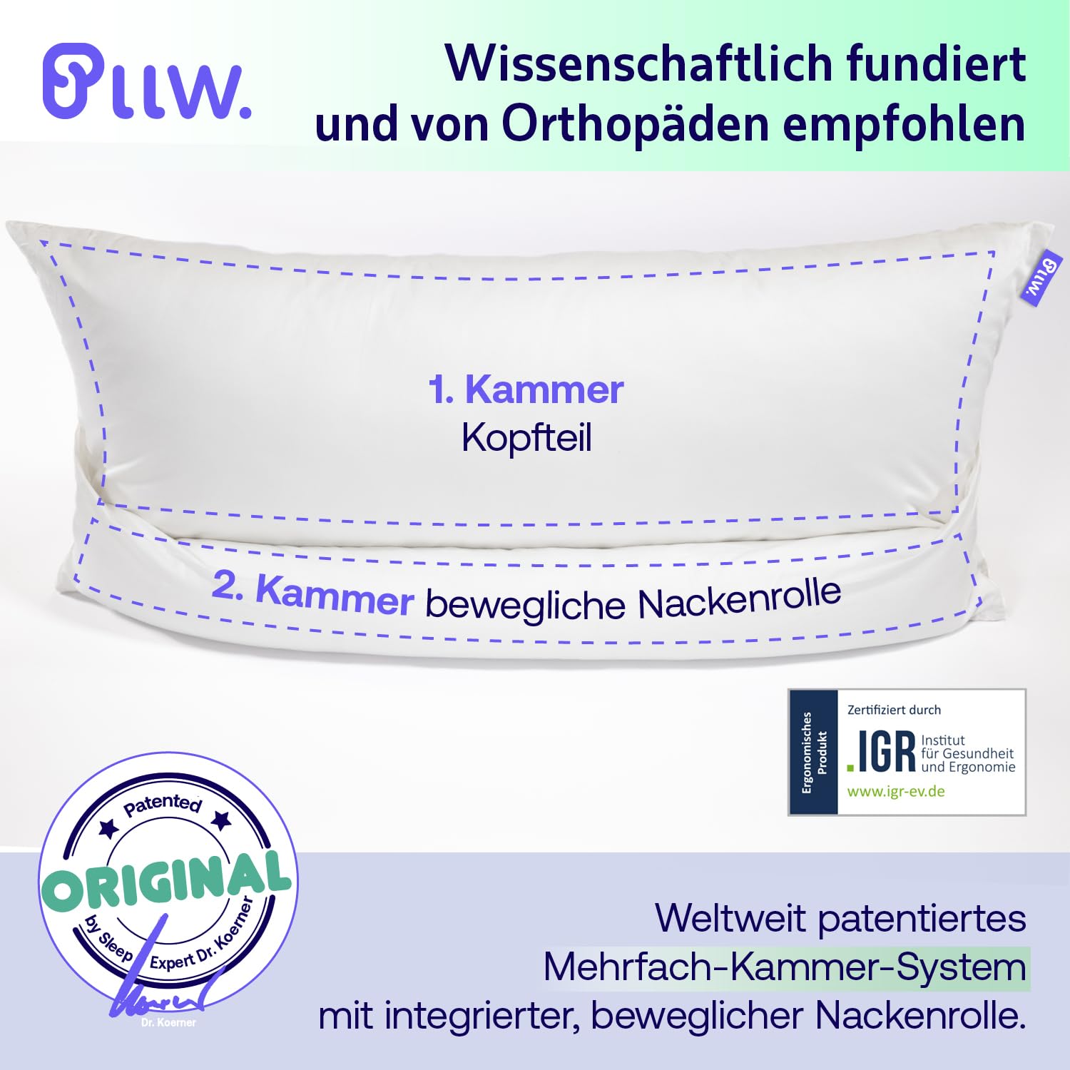PLLW. Orthopädisches Nackenkissen 40x80 I Kopfkissen Nackenschmerzen mit beweglicher Nackenrolle I Ergonomisches Seitenschläferkissen mit Bezug I Individuell füllbares Nackenstützkissen I Öko Tex 100