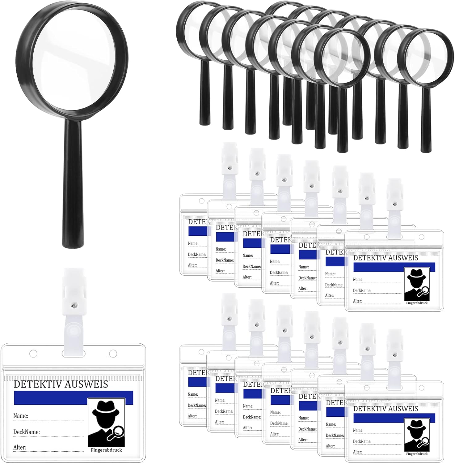 Lupas de Juguete Detectiva,Juego de Lupas Infantiles,15 Piezas Lupa de Detective para Niños con Funda para Tarjeta y Clip,Lupas de Niños Portátil para Cumpleaños Infantiles,Al Aire Libre,Investigador