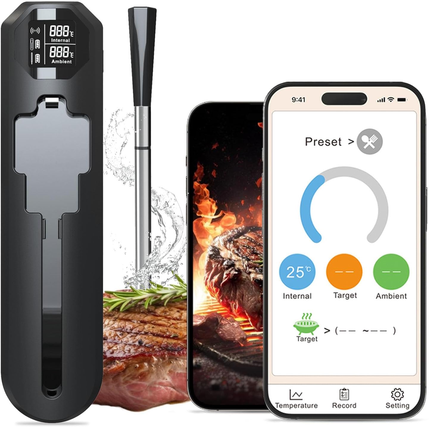 Wireless Meat Thermometer with Bluetooth & WiFi, Digital Meat Probe for Grilling, Smoking, and Oven Roasting, Dual Probe & Smart Alerts for Accurate Temperature Monitoring for BBQ & Smoker