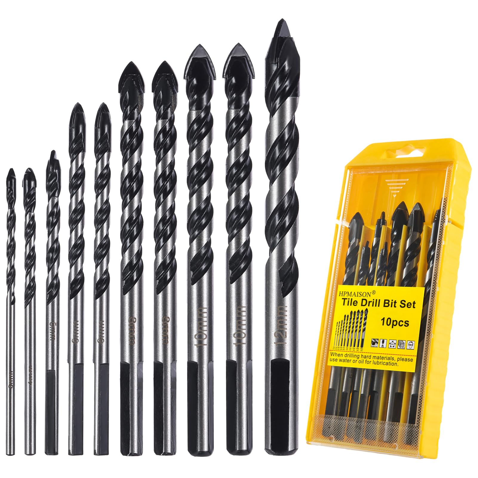 HPMAISON Tile Drill Bit, 10PCS Professional Tungsten Carbide Drill Bit for Ceramic Tile, Porcelain, Brick, Granite Marble, Glass, Cement, Plastic, Wood 3/4/5/6/6/8/8/10/10/12mm