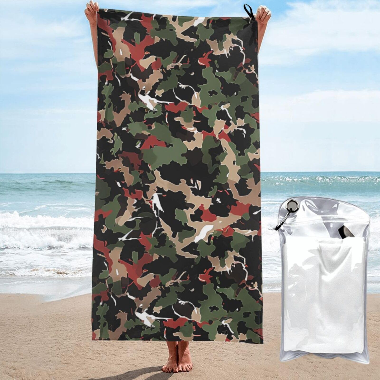 BWWHCCTI Camouflage Printed Microfiber Quick Dry Beach Towel 70x140 CM, Fast Drying Bath Towels with Bags for Travel,Camping,Gym,Beach,Swimming,Yoga