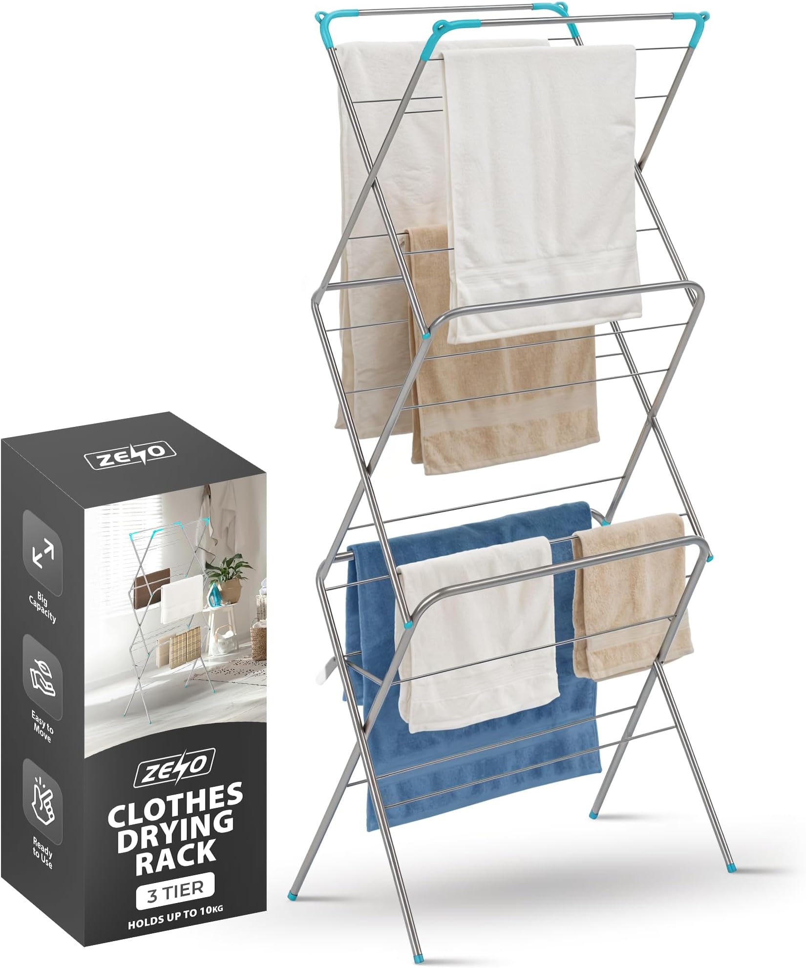 – ZENO Clothes Drying Rack 3 Tier | Clothes Airer | Laundry Drying Rack for Outdoor & Indoor Use | Steel Clothes Airer Rack with Non Slip Feet | Flat Foldable & Space Saving | Holds Up To 10KG