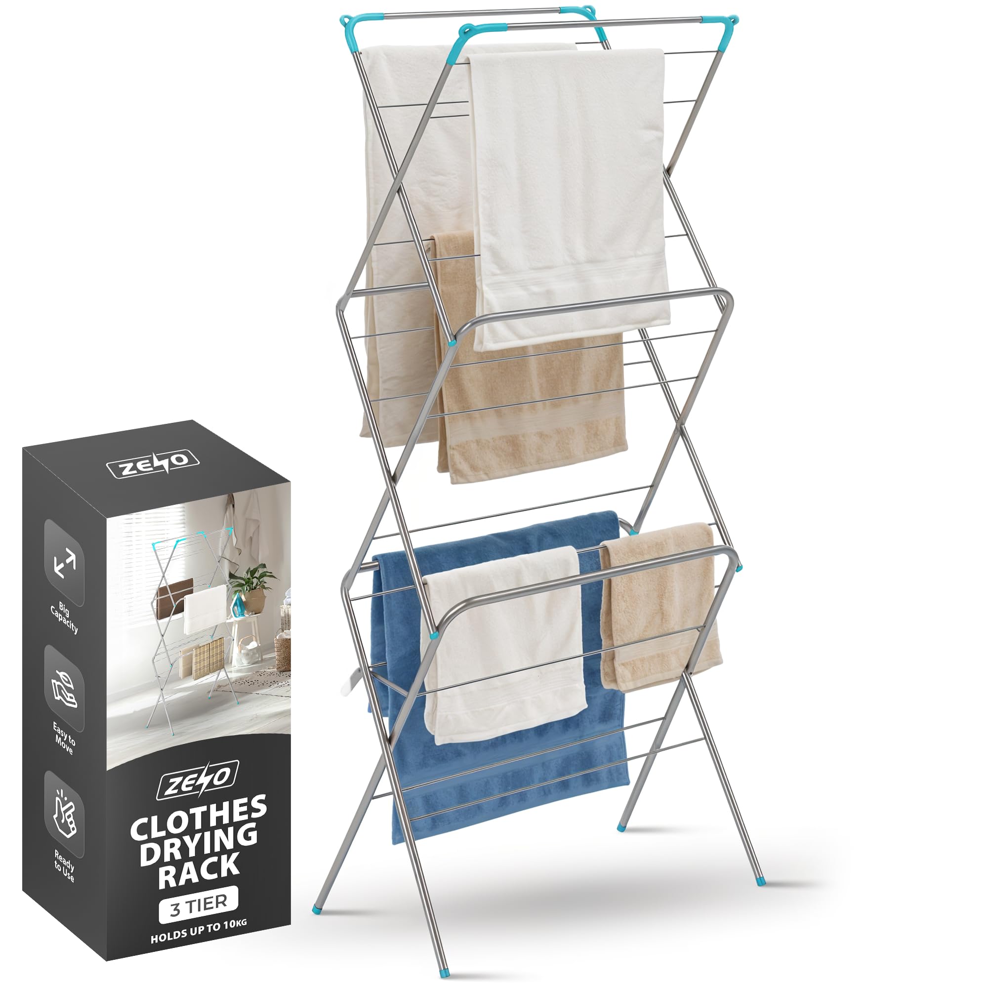 ZENO Clothes Drying Rack 3 Tier | Clothes Airer | Laundry Drying Rack for Outdoor & Indoor Use | Steel Clothes Airer Rack with Non Slip Feet | Flat Foldable & Space Saving | Holds Up To 10KG
