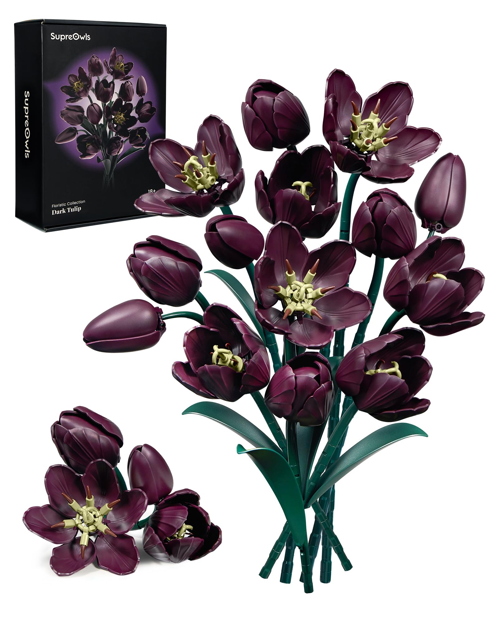 Juego de construcción de flores de tulipán morado oscuro, regalo para el día de la madre, ramo de plantas artificiales, colección botánica, kit de construcción, bloques de decoración de mesa