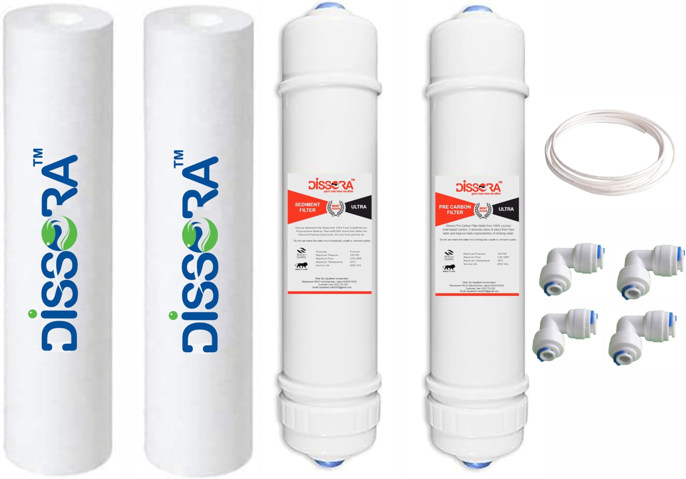 Dissora Ultra 10 Inch Inline Sediment, Pre Activated Carbon and PP Spun Candle Filter Cartridge Set with 2 Mtr Pipe, Compatible with All Brands RO UV UF Water Purifier, Pack of 6