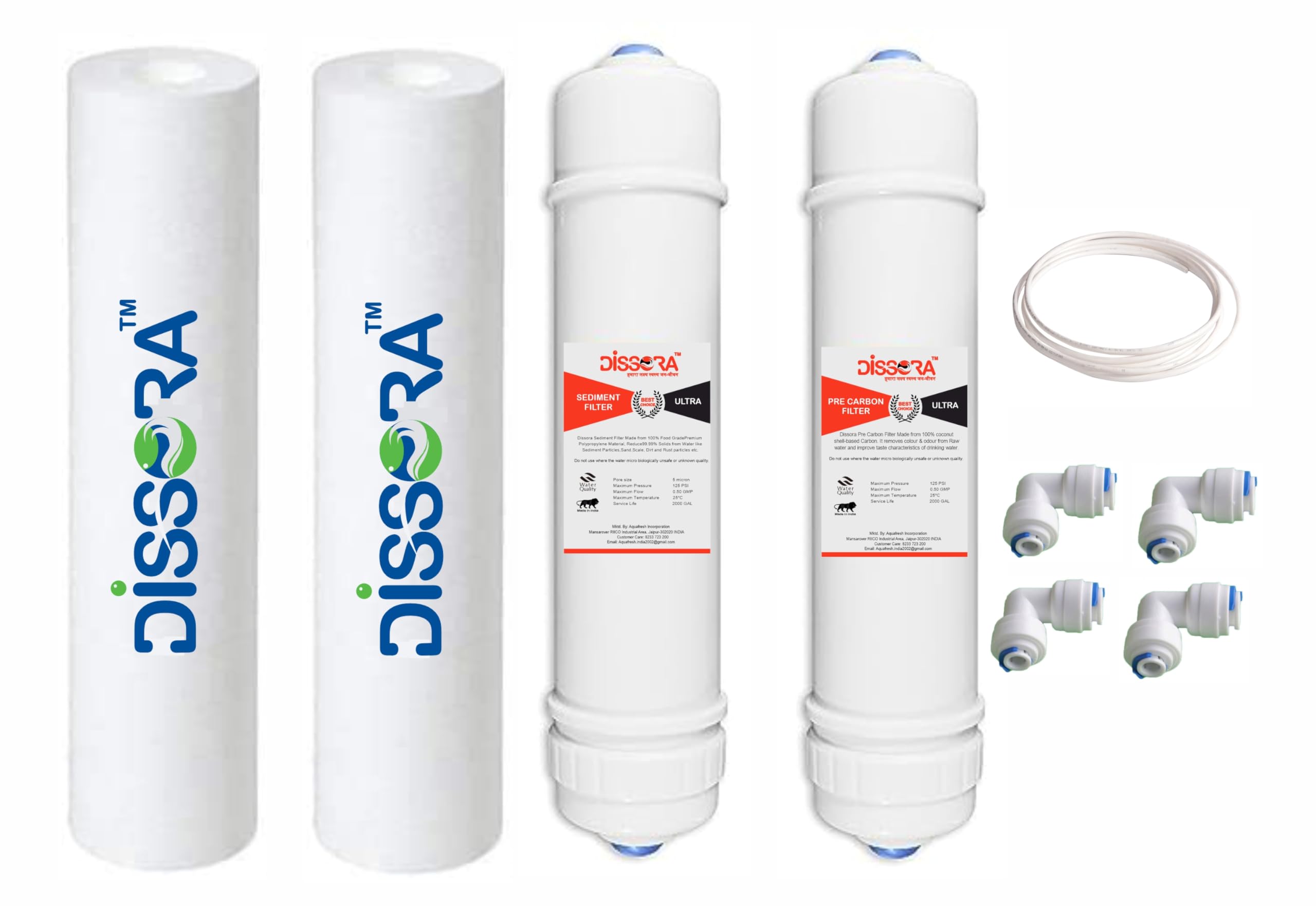Dissora Ultra 10 Inch Inline Sediment, Pre Activated Carbon and PP Spun Candle Filter Cartridge Set with 2 Mtr Pipe, Compatible with All Brands RO UV UF Water Purifier, Pack of 6