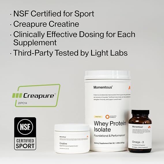 Momentous Three - Creatine Monohydrate Powder (90 Servings), Grass-Fed Whey Protein Powder (Chocolate) & Omega-3 Fish Oil 1600mg - Daily Essentials for Strength, Performance & Lean Muscle Recovery