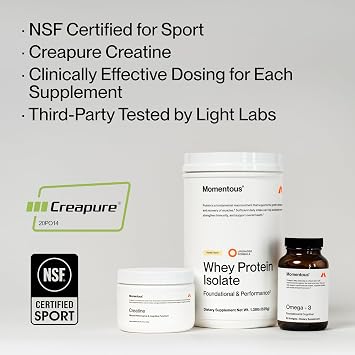 Momentous Three - Creatine Monohydrate Powder (90 Servings), Grass-Fed Whey Protein Powder (Chocolate) & Omega-3 Fish Oil 1600mg - Daily Essentials for Strength, Performance & Lean Muscle Recovery