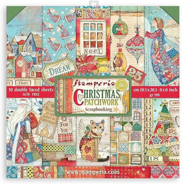 Stamperia International Stamperia-Mini Scrapbooking Pad-Christmas Patchwork, Green and Red, 8 x 8 inch