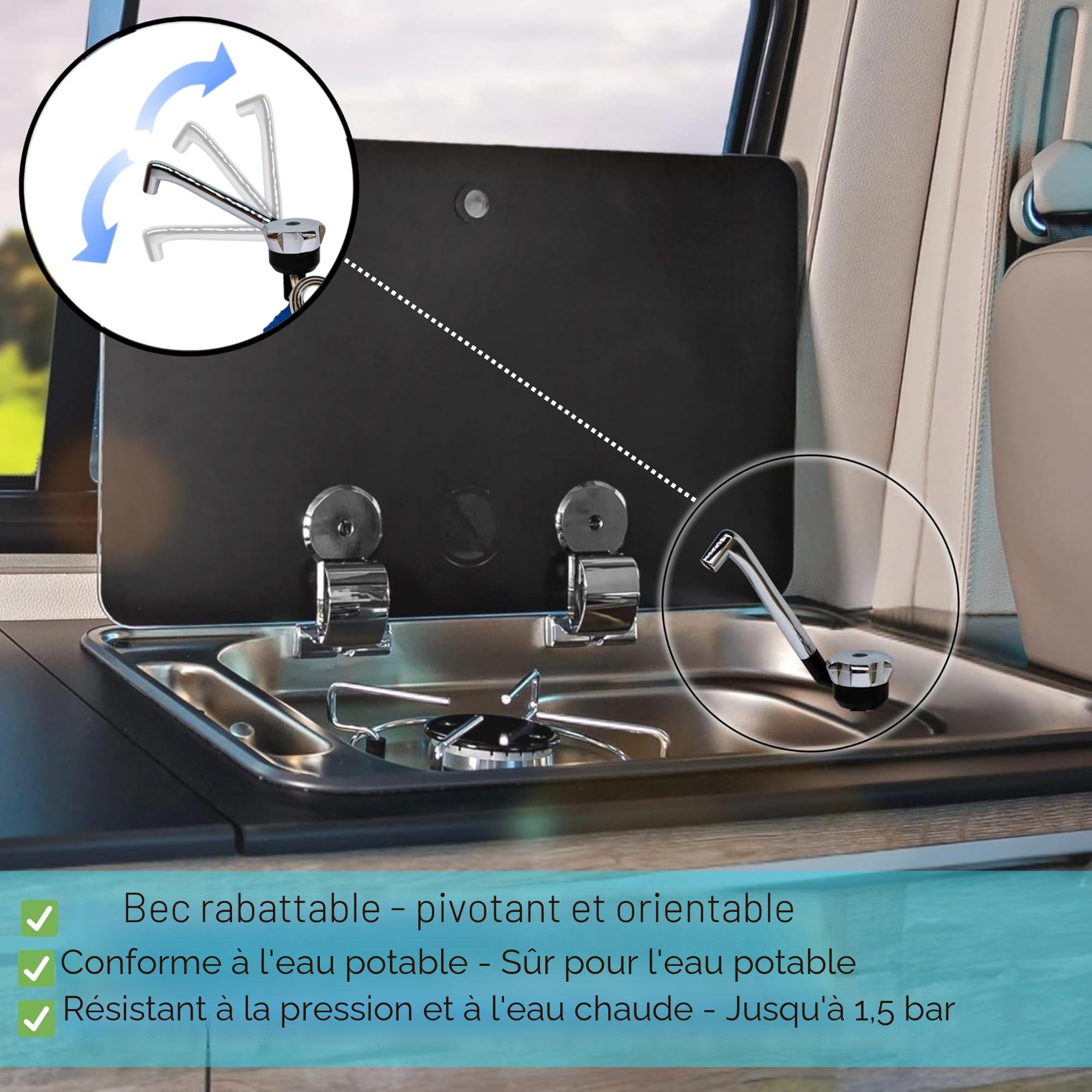Robinet Comet Novo 12 V pour camping-car - Raccord 10 mm (froid), noir/chrome, robinet compact avec pompe, idéal pour lavabo, camping-car