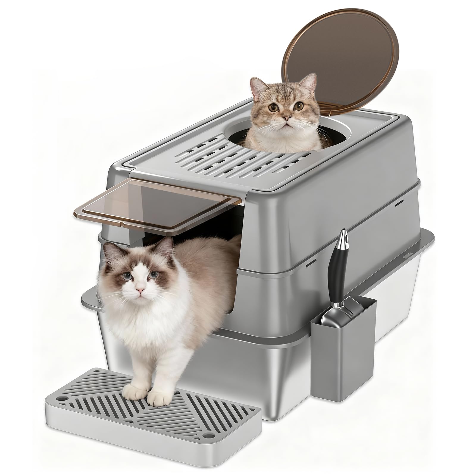 WA512 Stainless Steel Litter Box with Lid, XL 23x15x16 inches Enclosed Stainless Steel Litter Box, 38L Large Covered Cat Litter Box, Heavy Duty Rust Resistant Steel, Dual Entry, Scoop & Pedal Included