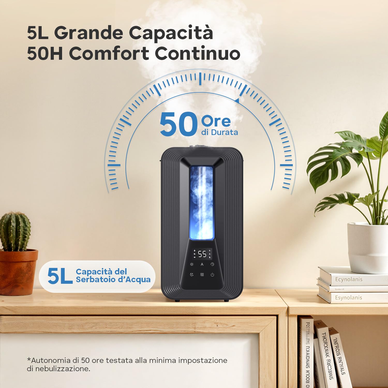 AROEVE 5L Umidificatore Ambiente, Nebbia Fresca Ricarica Dall'Alto Umidificatore Ultrasonico con Diffusore Aromi, Igrostato Smart, Luce Ambientale, 50h/25dB Silenzioso per Casa ufficio Bambini Piante