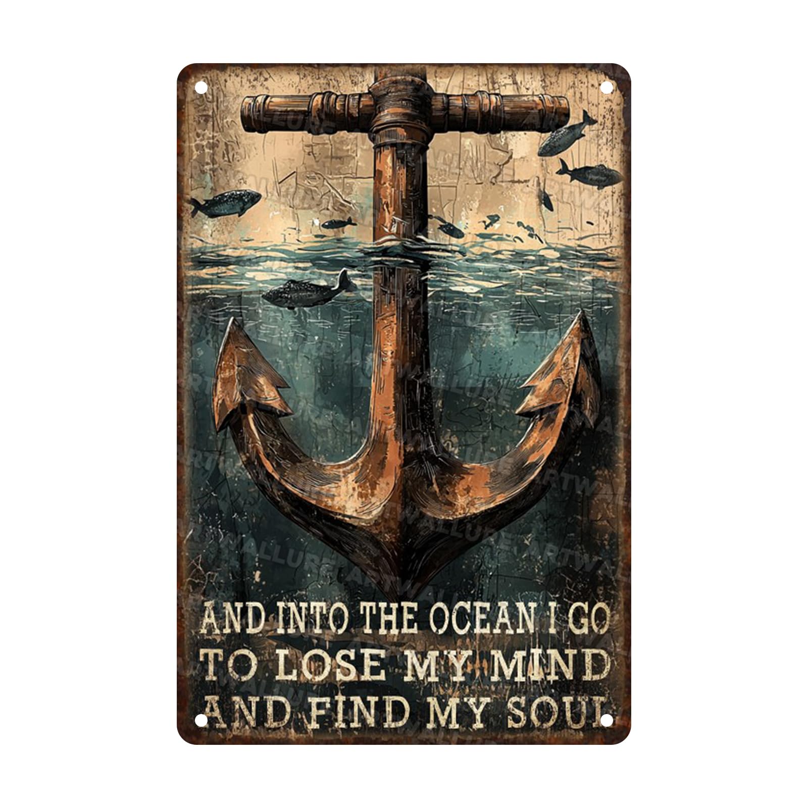Retro Tin Plaque Anchor Into The Ocean Rustic Wall Art For Coastal Cabin Lake House Surfers Den Beach Bar Nautical Decoration Vintage Design 8x12inch
