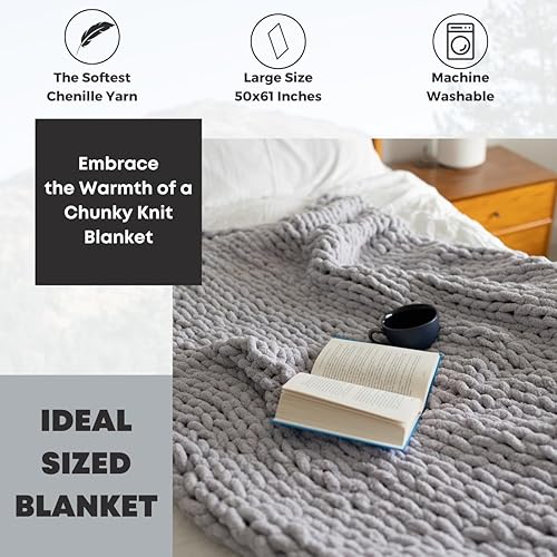 Miniatura 3 de Manta de punto grueso, suave, manta de punto grueso de chenilla (50 x 61 pulgadas), manta grande de punto 100% hecha a mano, manta gruesa de