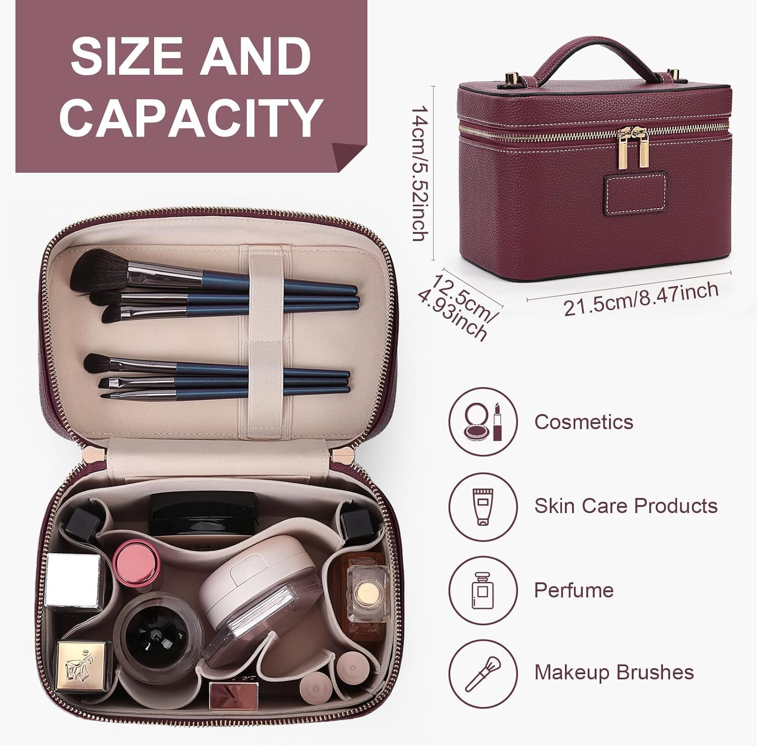 Starnearby Neceser de mujer de piel sintética, bolsa de cosméticos de viaje, neceser de maquillaje para mujer con divisor extraíble, bolsa de aseo, neceser cosmético de viaje, burdeos, 21,5 x 12,5 x