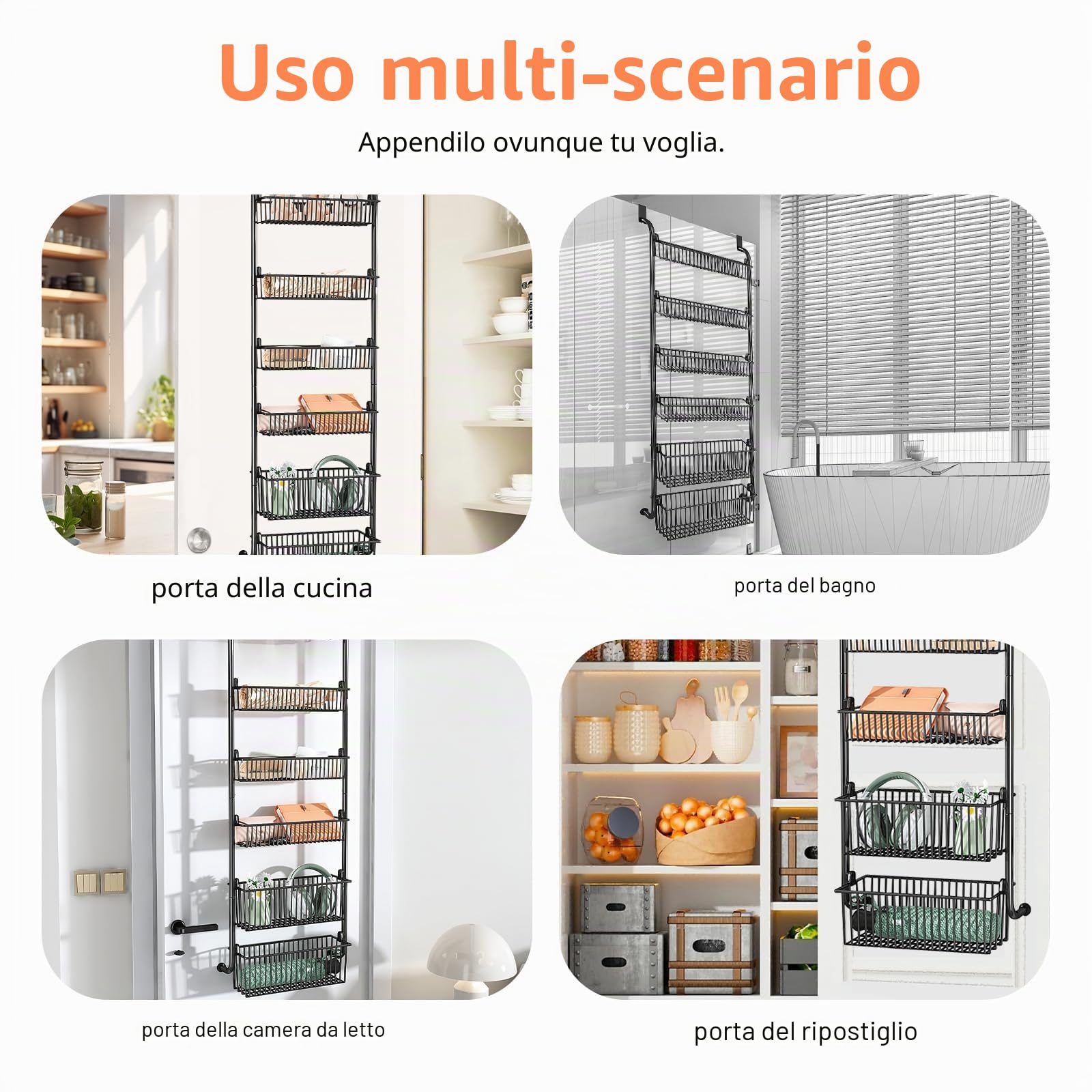 Organizzatore da appendere alla porta, organizer per spezie a 6 ripiani in metallo resistente per cucina - Organizer da appendere alla porta per cucina, bagno (Nero - 4 cestini piccoli + 2 grandi)