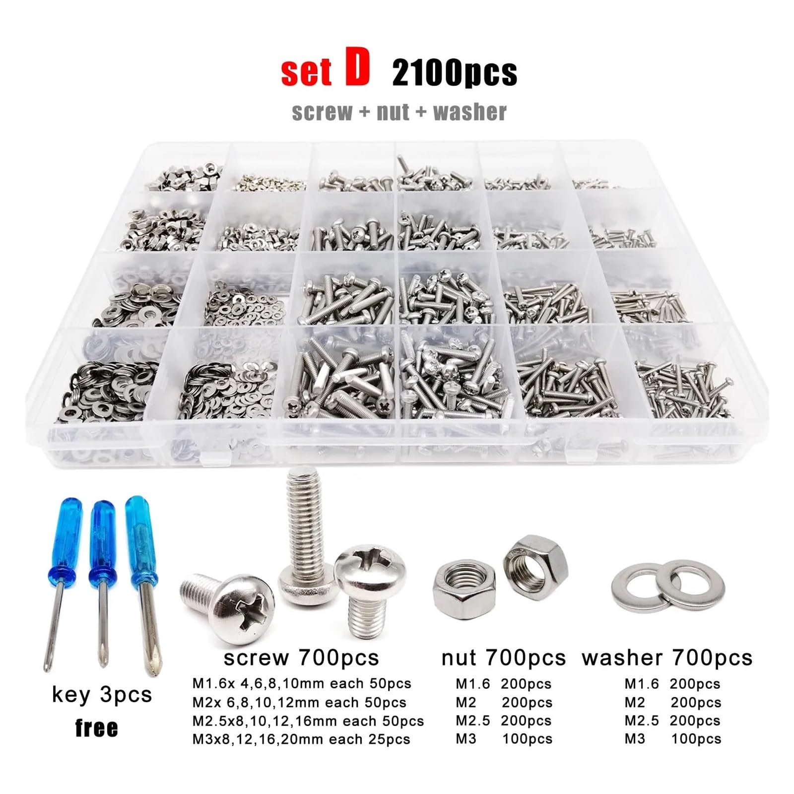 400/2100 Stück M1,6-M5 304 Edelstahl Schraubenmutter Unterlegscheiben Sortiment Kit | Robuster Edelstahl 304, runder Kopf, vielseitiges DIY-Hardware-Set(Set D 2100pcs)