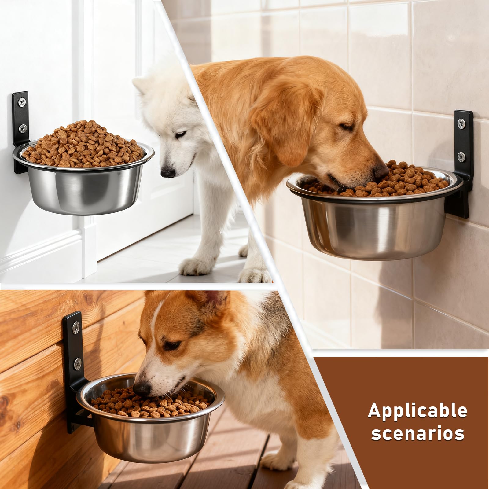 Juego de pared para perros: 2 comederos de acero inoxidable desmontable para perros, cuenco colgante plegable, bandeja para perros elevada para mascotas