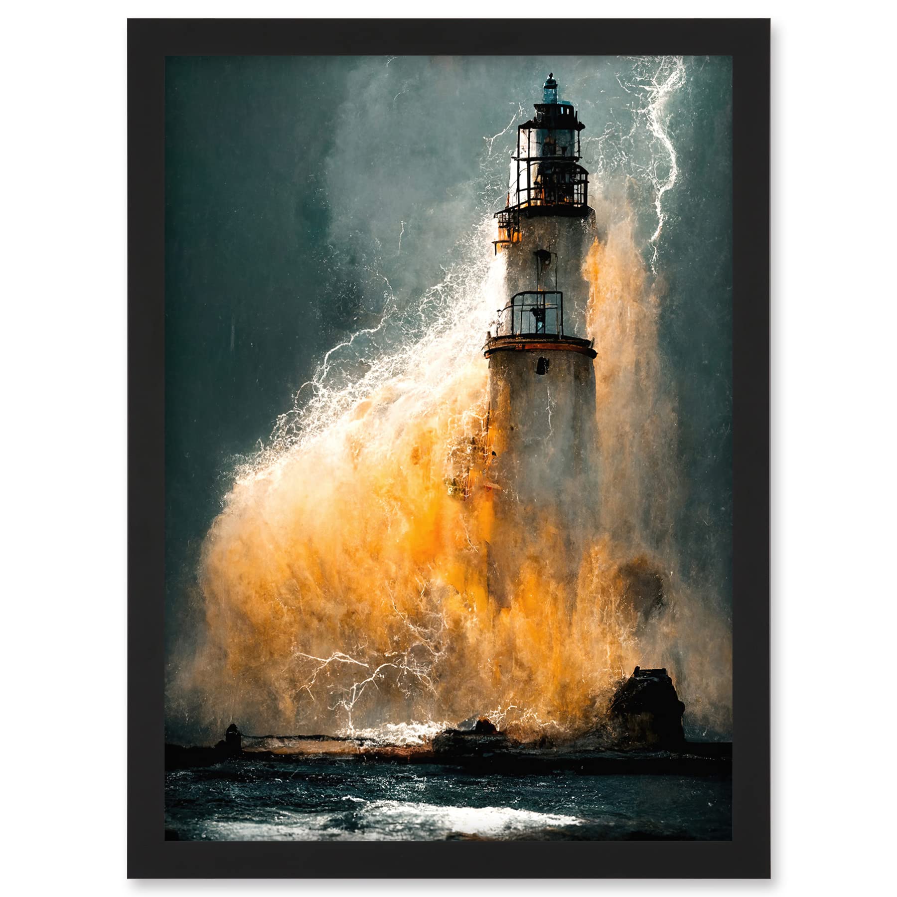 Doppelganger33 LTD Lighthouse Storm French Coastline Lightning Hurricane Artwork Framed A3 Wall Art Print