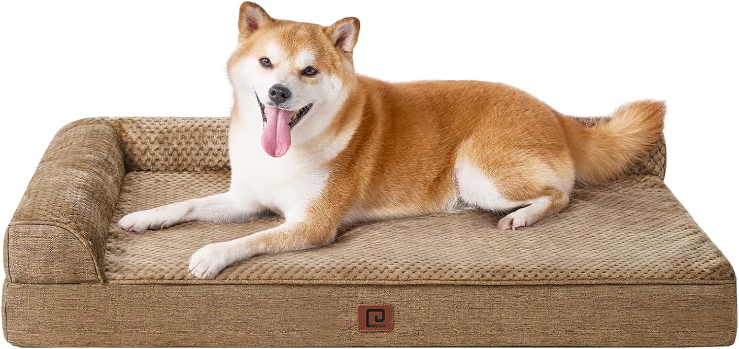 EHEYCIGA Memory Foam Dog Bed Large Sized Dogs, Waterproof Dog Bed Orthopedic with Washable Removable Cover, Non-Slip Pet Bed Couch, 36x27x6 Inches, Camel