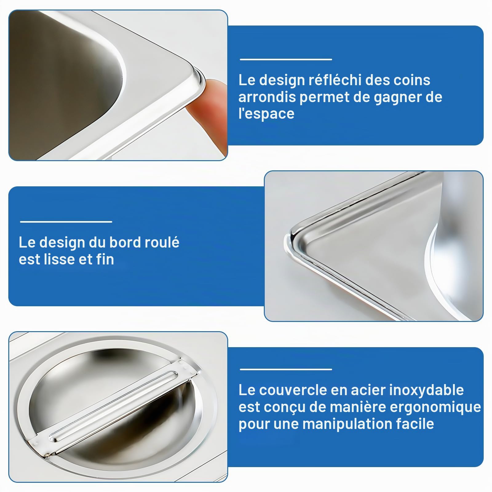 Lot de 2 bols à panure 1/3 en acier inoxydable avec couvercle – Bols à paner empilables pour restaurants, restaurants, fêtes de famille, accessoires de cuisine, gastronomie (32,5 x 17,5 x 6,5