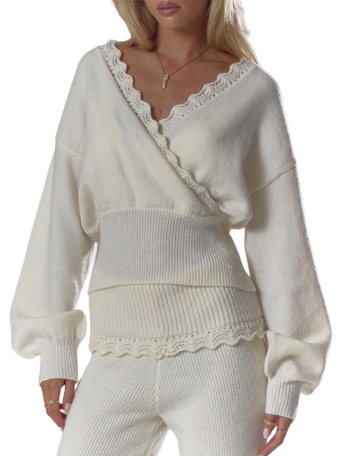 Verdusa Womens Cinched Waist Wrap Sweater Old Money Lace Cozy Knit Pullovers Winter Clothing Top