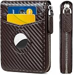 AirTag Wallet, Huztencor Mens Wallet Zipper RFID Slim Leather RFID Credit Card Wallet with Built-in Case Holder for Apple AirTag Carbon Fiber Black
