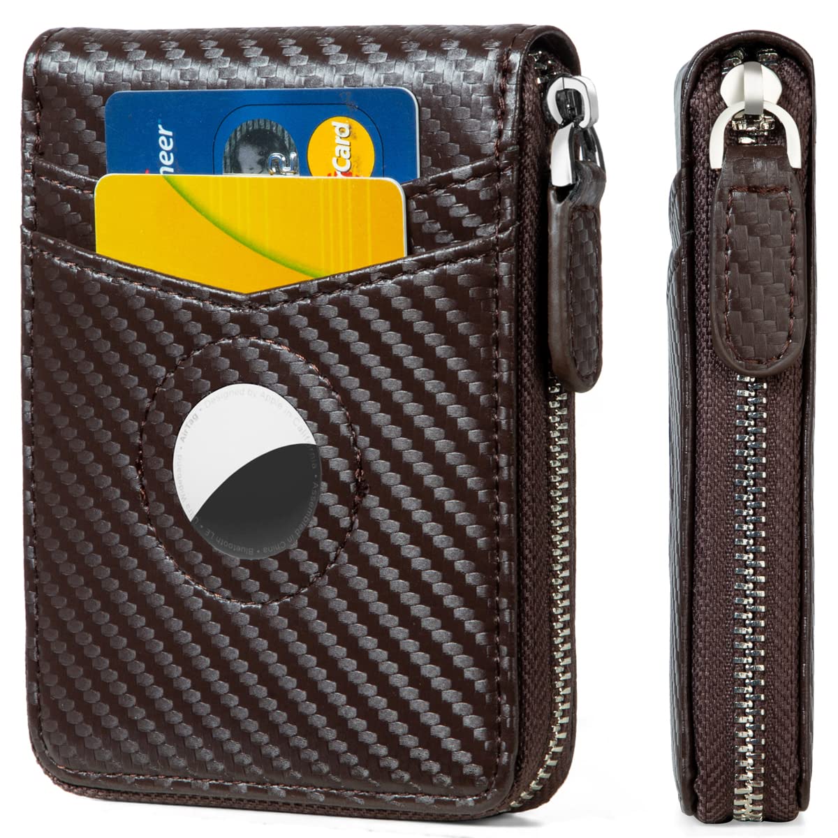 Huztencor AirTag Wallet - Mens RFID Slim Leather Credit Card Wallet with Built-in Case Holder for Apple AirTag, Carbon Fiber Coffee