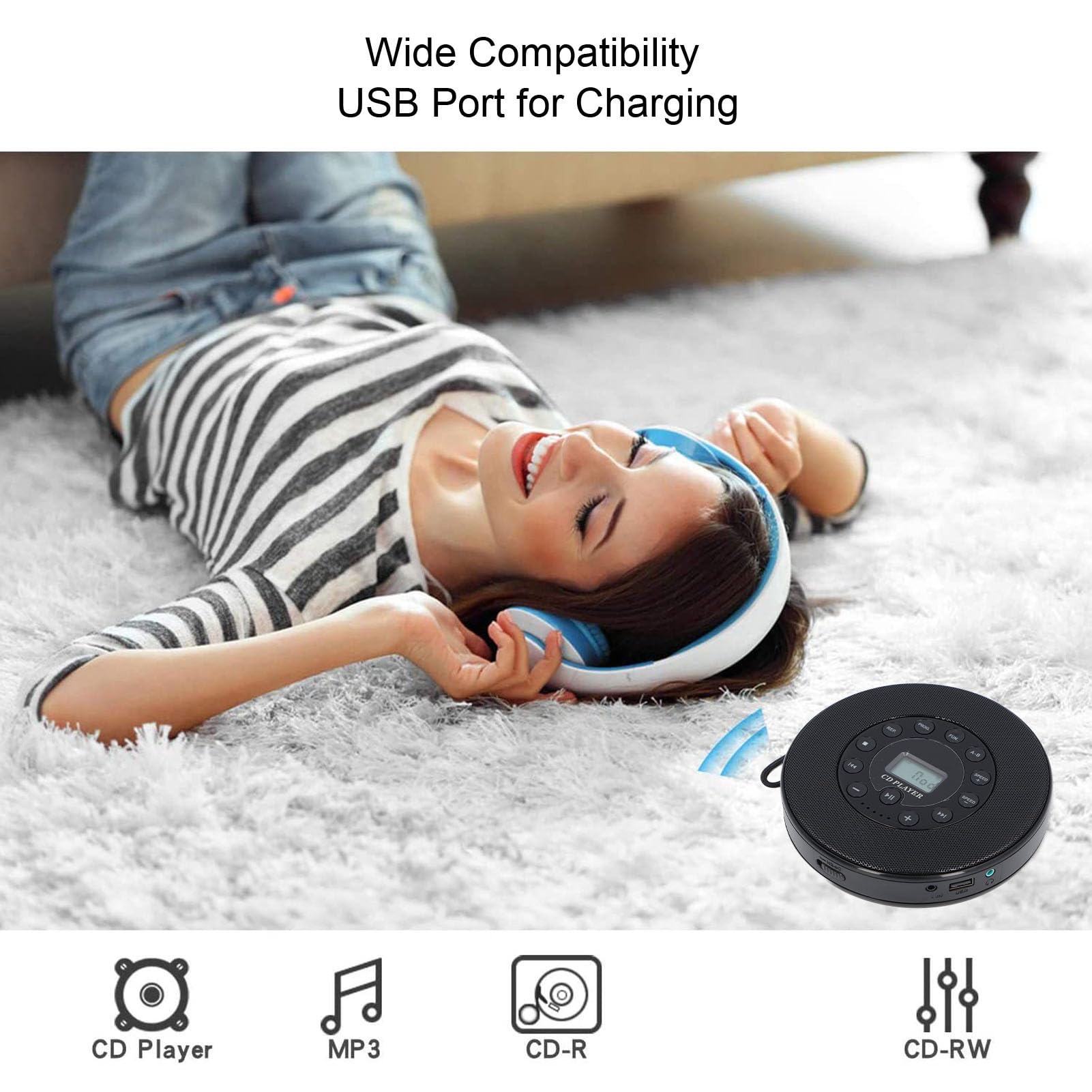 Lettore CD portatile da 2000 mAh con altoparlante, supporta la registrazione e la funzione anti salto per auto, compatibilità MP3, lettore CD portatile con porta USB, altoparlante (nero)